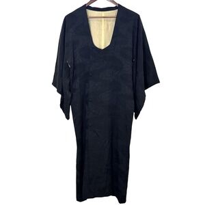 Vintage Kimono Jacket Haori Style Black Jacquard Gold Accent Robe Asian Inspired